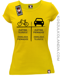 Auto-Rower Zużywa tłuszcz odkłada pieniądze - koszulka damska żółty 